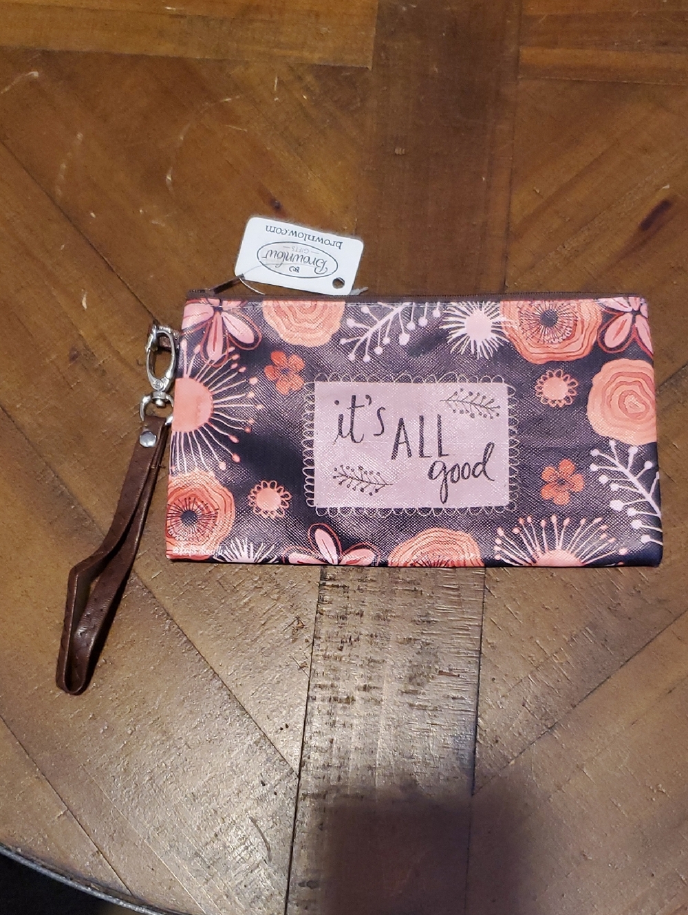 Floral 'It's All Good' Wristlet Pouch - Pink on Brown